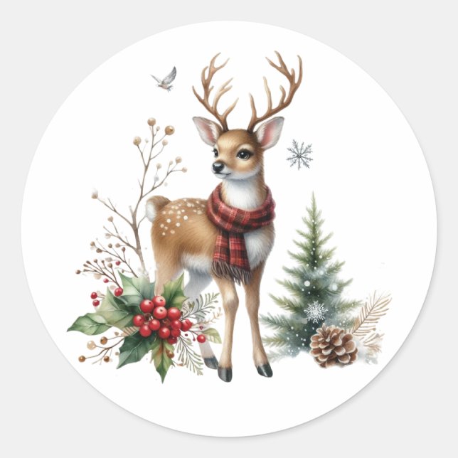Sticker Rond Aquarelle Noël rennes (Devant)