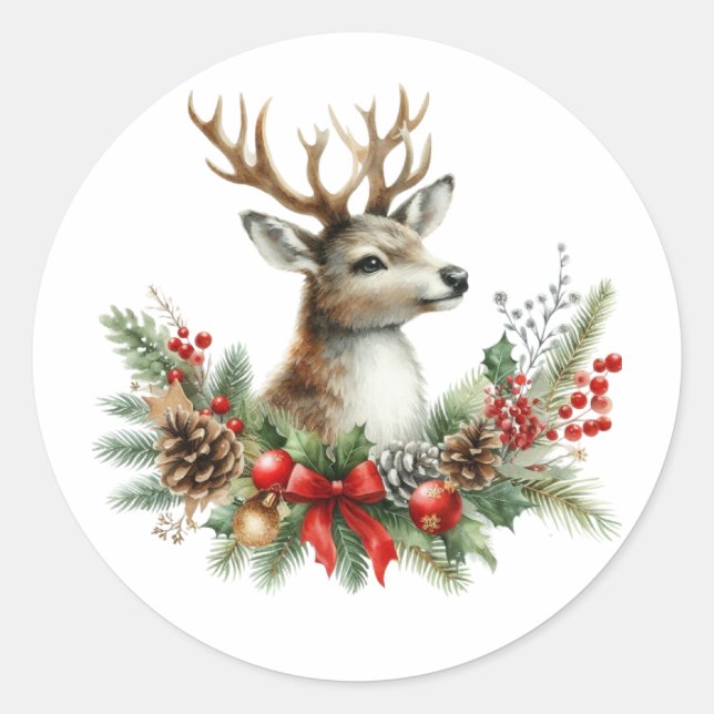 Sticker Rond Aquarelle Noël rennes (Devant)