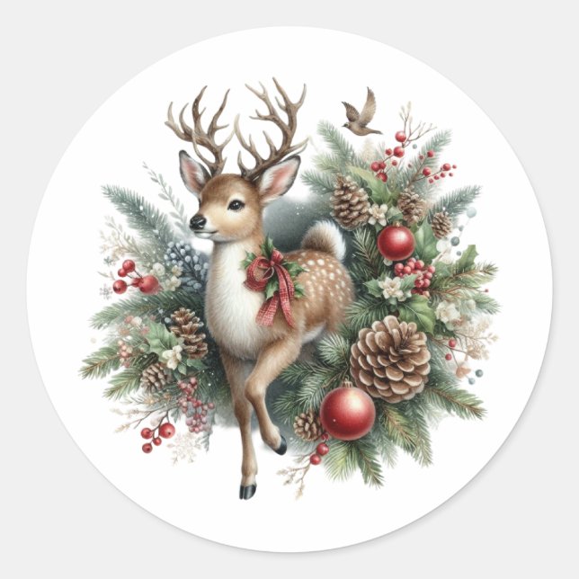Sticker Rond Aquarelle Noël rennes (Devant)