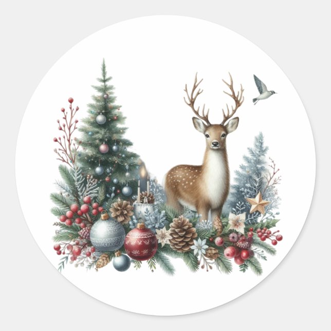 Sticker Rond Aquarelle Noël rennes (Devant)