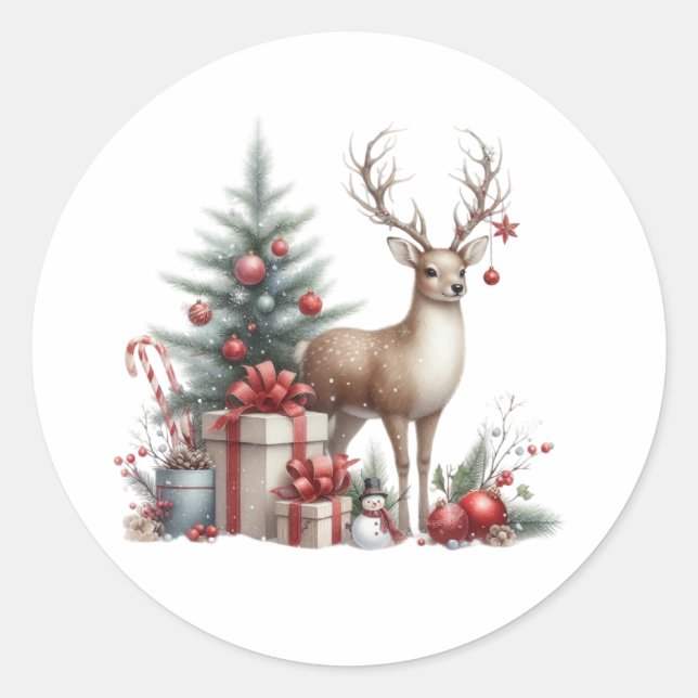 Sticker Rond Aquarelle Noël rennes (Devant)