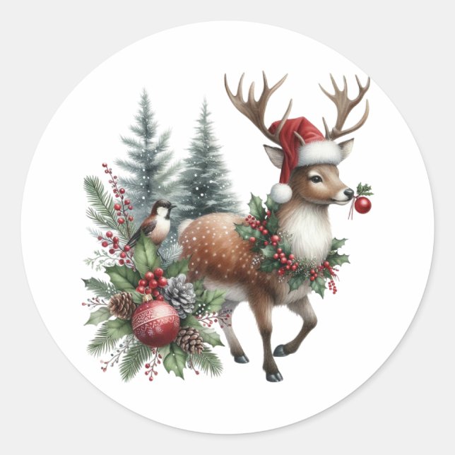 Sticker Rond Aquarelle Noël rennes (Devant)