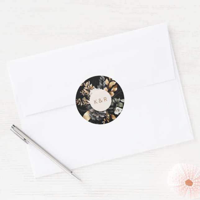 Sticker Rond Aquarelle Noir Or Floral Mariage (Enveloppe)
