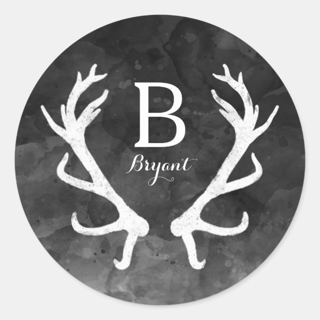 Sticker Rond Aquarelle noire et collier de cerfs rustiques Mono (Devant)
