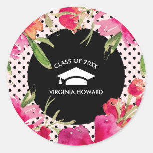 Sticker Rond Aquarelle noire Fuchsia Graduation florale