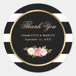 Sticker Rond Aquarelle noire Merci floral rose