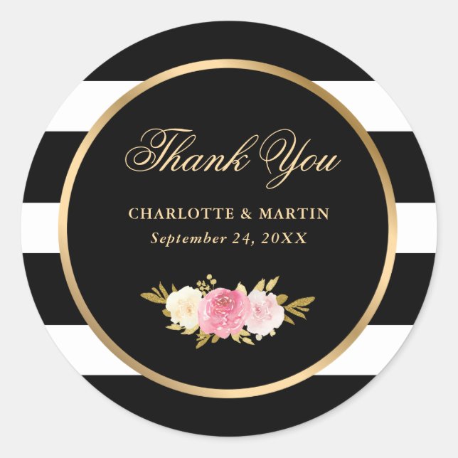 Sticker Rond Aquarelle noire Merci floral rose (Devant)