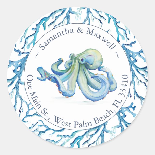 Sticker Rond Aquarelle Octopus Adresse de retour Classic (Devant)