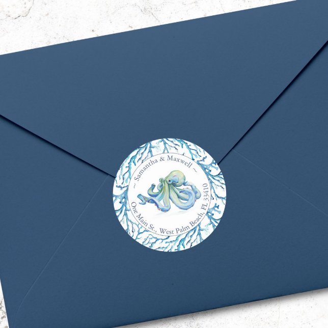 Sticker Rond Aquarelle Octopus Adresse de retour Classic (Beach wedding sticker envelope seal blue octopus watercolor by Victoria Grigaliunas Do Tell A Belle)