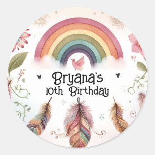 Sticker Rond Aquarelle Oiseau Arc-en-ciel & Plumes Anniversaire