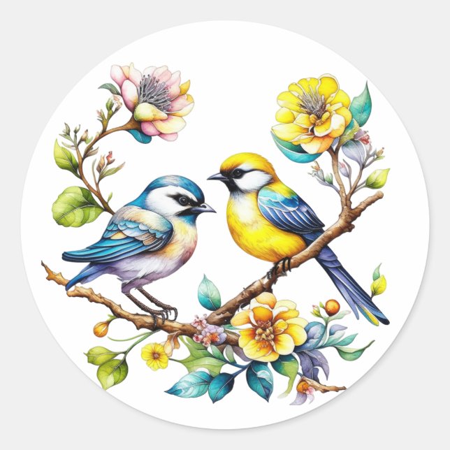 Sticker Rond Aquarelle Oiseaux et fleurs jaunes et bleus (Devant)