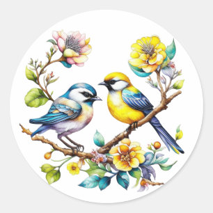 Sticker Rond Aquarelle Oiseaux et fleurs jaunes et bleus