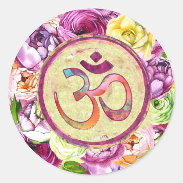 Sticker Rond Aquarelle OM symbole avec fleurs (Devant)