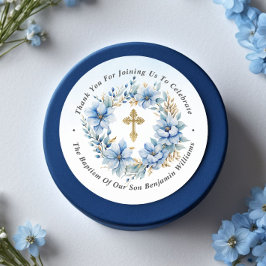 Sticker Rond Aquarelle or et bleu Merci de Baptême Floral