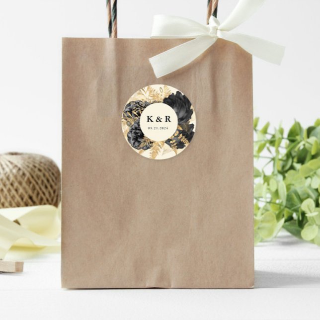 Sticker Rond Aquarelle or noir Rose Mariage Monogramme (Créateur téléchargé)