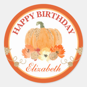 Sticker Rond Aquarelle Orange & Or Citrouille Joyeux anniversai