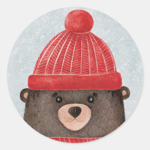 Sticker Rond Aquarelle ours mignon. animal boisé de Noël