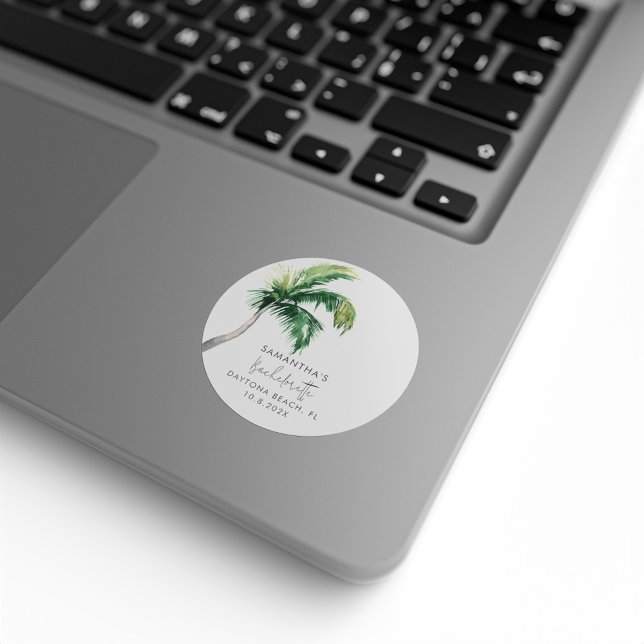 Sticker Rond Aquarelle Palm Tree Bachelorette personnalisée (Palm Tree Coastal Bachelorette Party Classic Round Stickers)