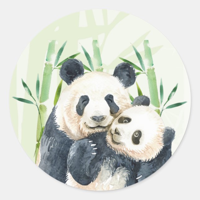 Sticker Rond Aquarelle Panda Ours Maman & Bébé en Bambou (Devant)