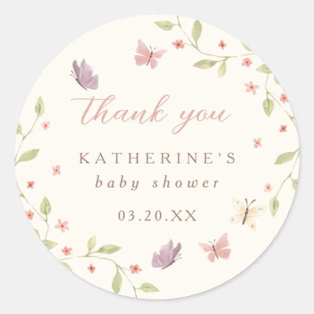 Sticker Rond Aquarelle Papillon Girl Baby shower Merci (Devant)