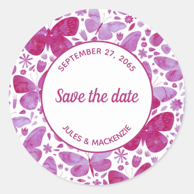 Sticker Rond Aquarelle papillon rose Enregistrer la date (Devant)