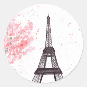 Sticker Rond Aquarelle Paris Eiffel Tour Cherry Blossom