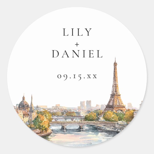 Sticker Rond Aquarelle Paris France Destination Mariage (Devant)