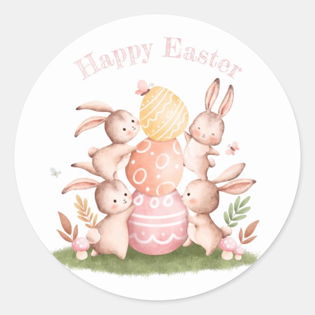 Sticker Rond Aquarelle Pastel Cute Bunnies Pâques (Devant)