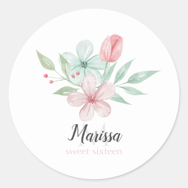 Sticker Rond Aquarelle Pastel Floral Quinceanera Anniversaire (Devant)
