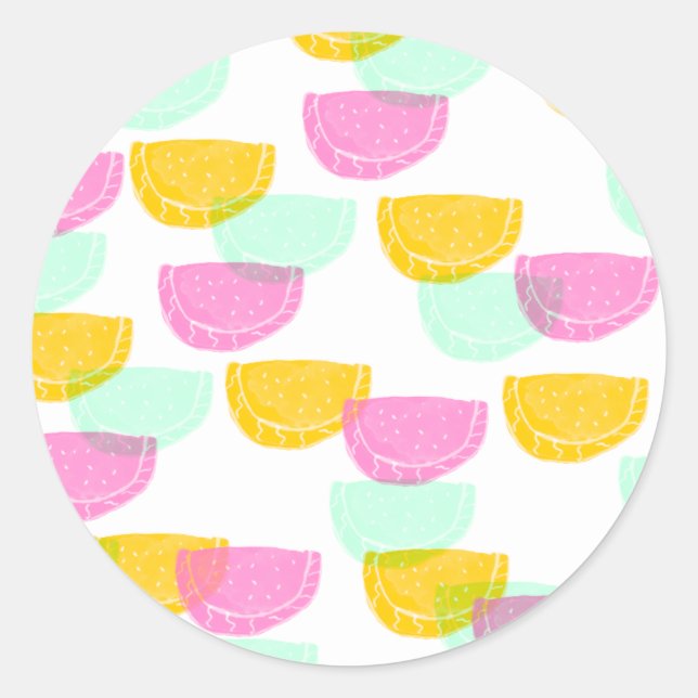 Sticker Rond Aquarelle pastèque rose vert jaune Motif (Devant)