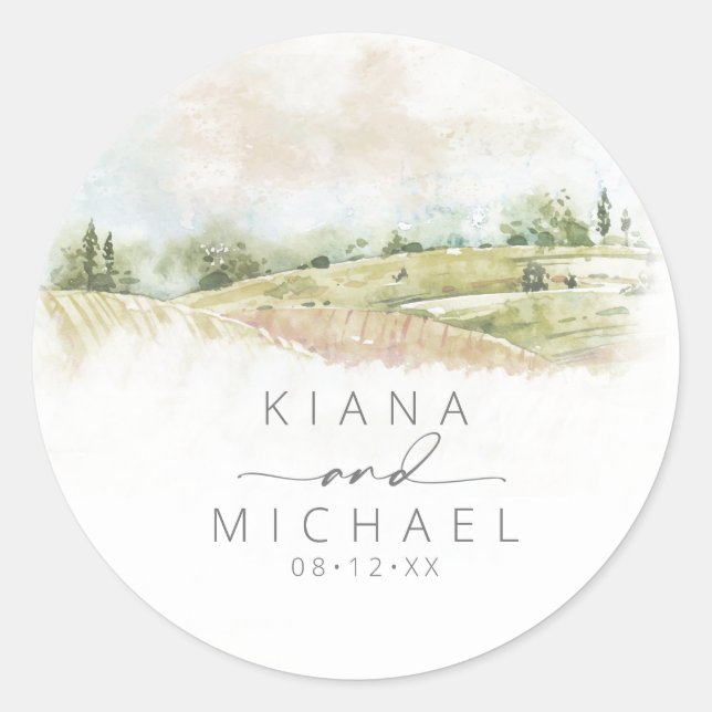 Sticker Rond Aquarelle Paysage Mariage Sage Green ID786 (Devant)
