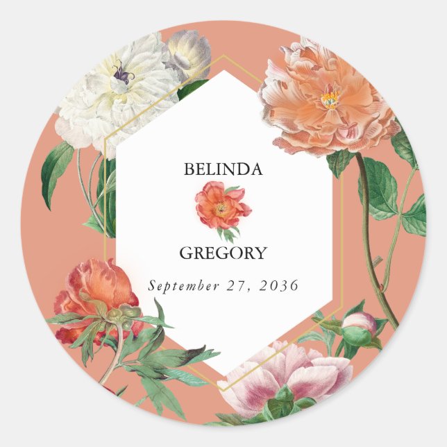 Sticker Rond Aquarelle Peach Pink Peonies Mariage (Devant)
