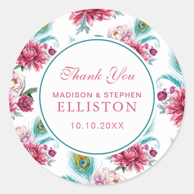 Sticker Rond Aquarelle Peacock & Floral rouge | MERCI (Devant)