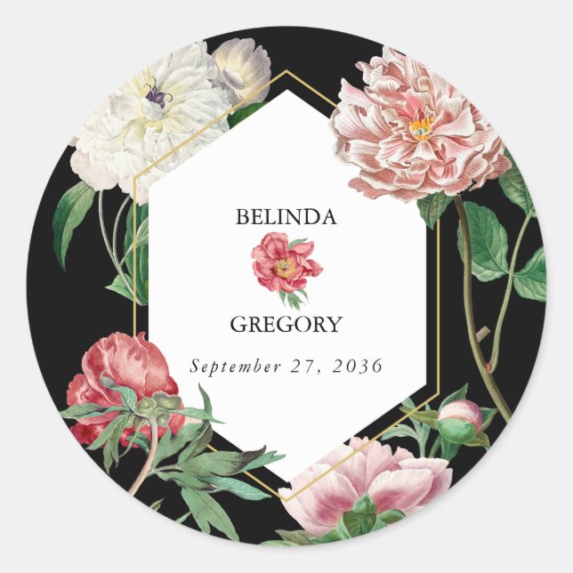 Sticker Rond Aquarelle Peonies rose Fleurs Mariage Noir (Devant)