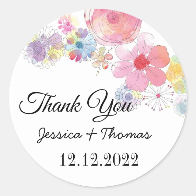 Sticker Rond Aquarelle Peony Fleurs Merci Mariage Faveur (Devant)