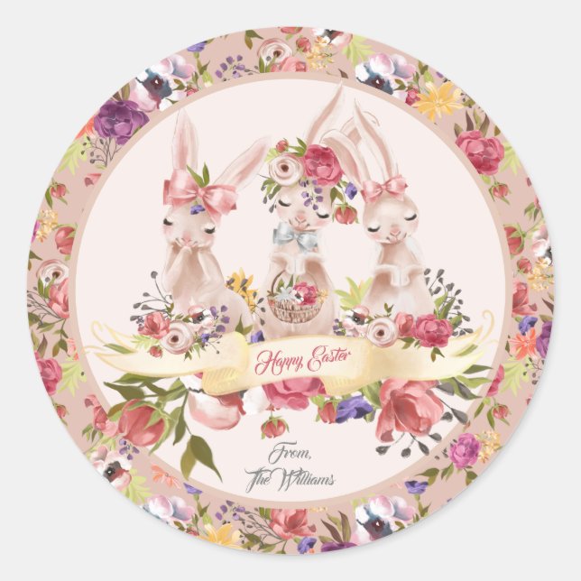 Sticker Rond Aquarelle personnalisée Joyeux lapin de Pâques (Devant)