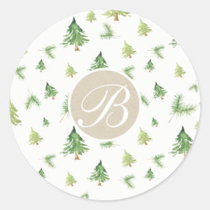 Sticker Rond Aquarelle Pine Arbres Monogramme Première fête Fav