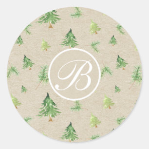 Sticker Rond Aquarelle Pine Arbres Monogramme Première fête Fav