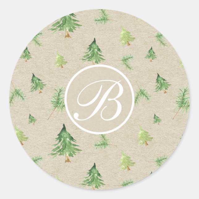Sticker Rond Aquarelle Pine Arbres Monogramme Première fête Fav (Devant)