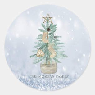 Sticker Rond Aquarelle Pine Tree Joyeux Noël Bleu Bokeh
