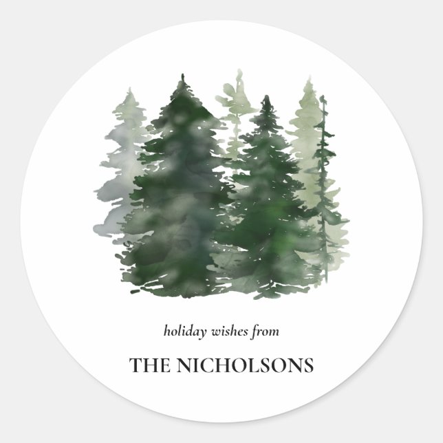 Sticker Rond Aquarelle Pine verte Arbres Vacances simples (Devant)
