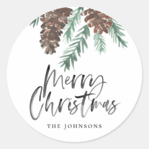 Sticker Rond Aquarelle Pinecone Joyeux Noël