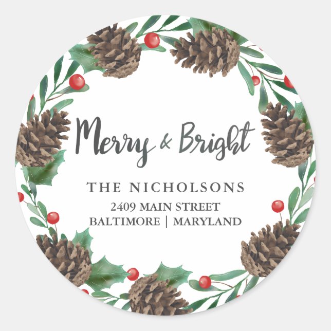 Sticker Rond Aquarelle Pinecone Wreath Holiday Adresse de retou (Devant)