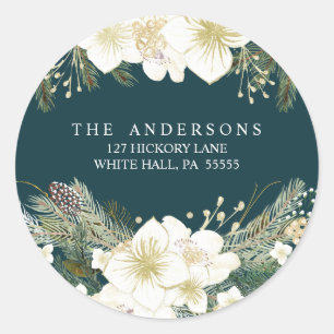 Sticker Rond Aquarelle Pines Noël Floral Holiday Adresse