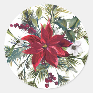 Sticker Rond Aquarelle Poinsettia et Fir Feuilles