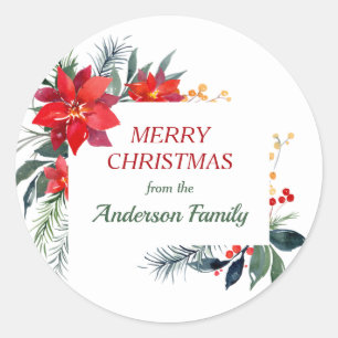 Sticker Rond Aquarelle Poinsettia Fleur Rouge Berries