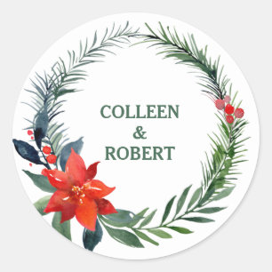 Sticker Rond Aquarelle Poinsettia Fleur Rouge Berries Mariage