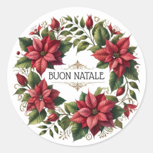 Sticker Rond Aquarelle Poinsettias "Buon Natale" Italien