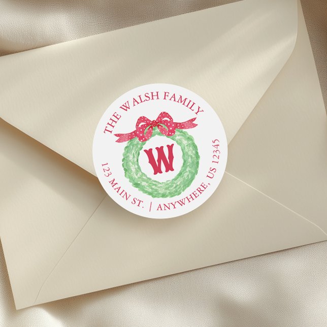 Sticker Rond Aquarelle Polka Dot Bow Monogram Wreath Adresse (Créateur téléchargé)