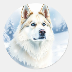Sticker Rond Aquarelle Portrait de Husky Sibérien dans Snowy